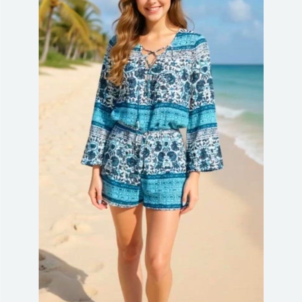 Show Me Your MuMu Blue Aztec Romper Vacation Resortwear Summer Clean Girl